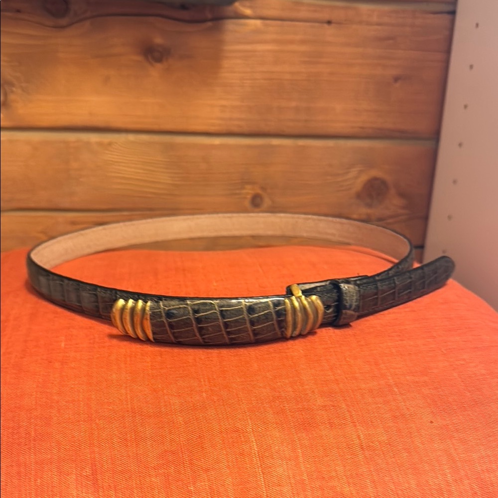 Elegant Brown Crocodile Pattern Belt with Gold Accents